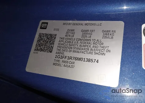 2021 Chevrolet Camaro Rwd 1Ss z USA, uszkodzony, nr VIN 1G1FF1R76M0138574